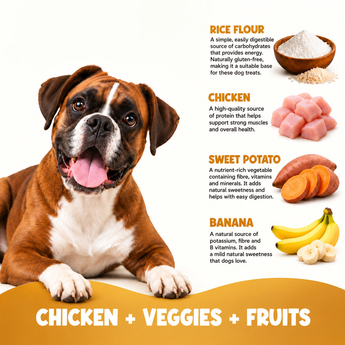 Boxer dog beside Doggy Gujiya ingredients: rice flour, chicken, sweet potato and banana