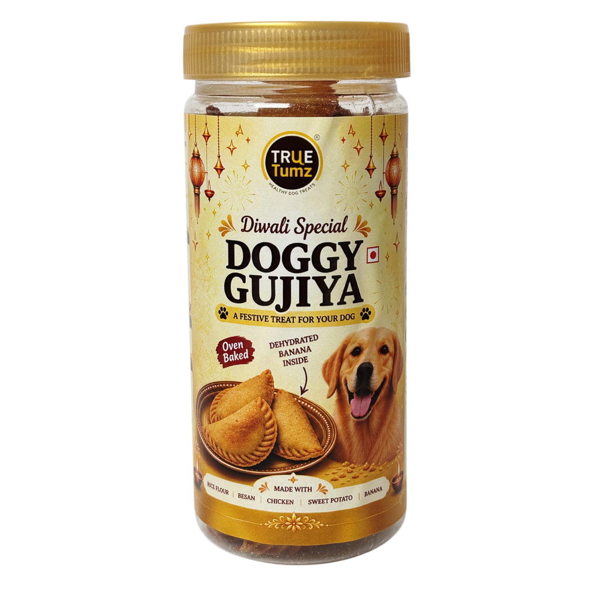 TrueTumz Doggy Gujiya jar – oven baked festive chicken dog treats with sweet potato and banana