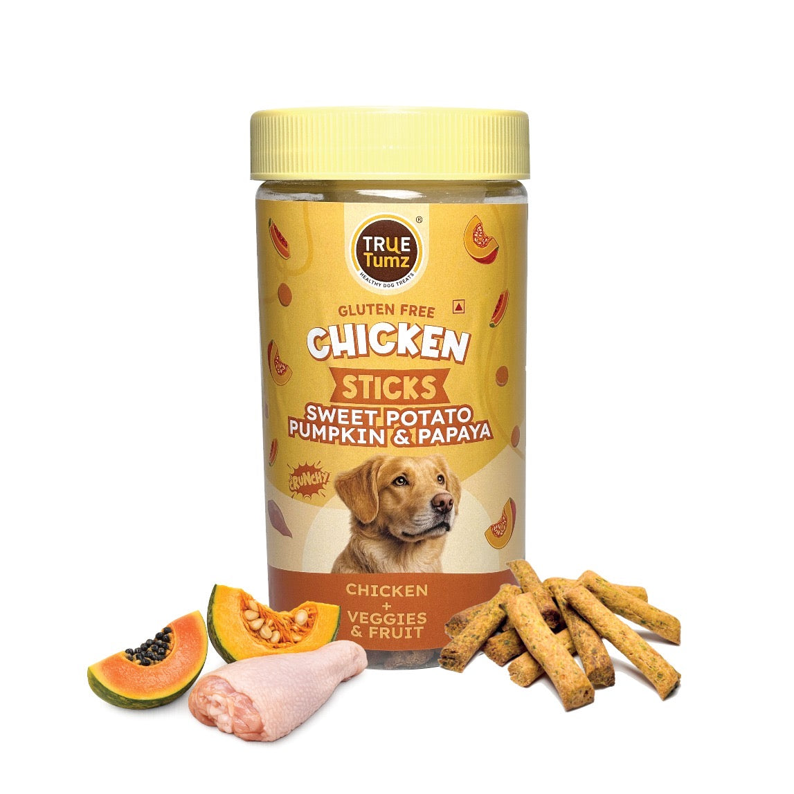Chicken Sticks with Real Chicken , Sweet Potato, Pumpkin and Papaya- Crunchy , Tasty , Gluten Free (275 gms)