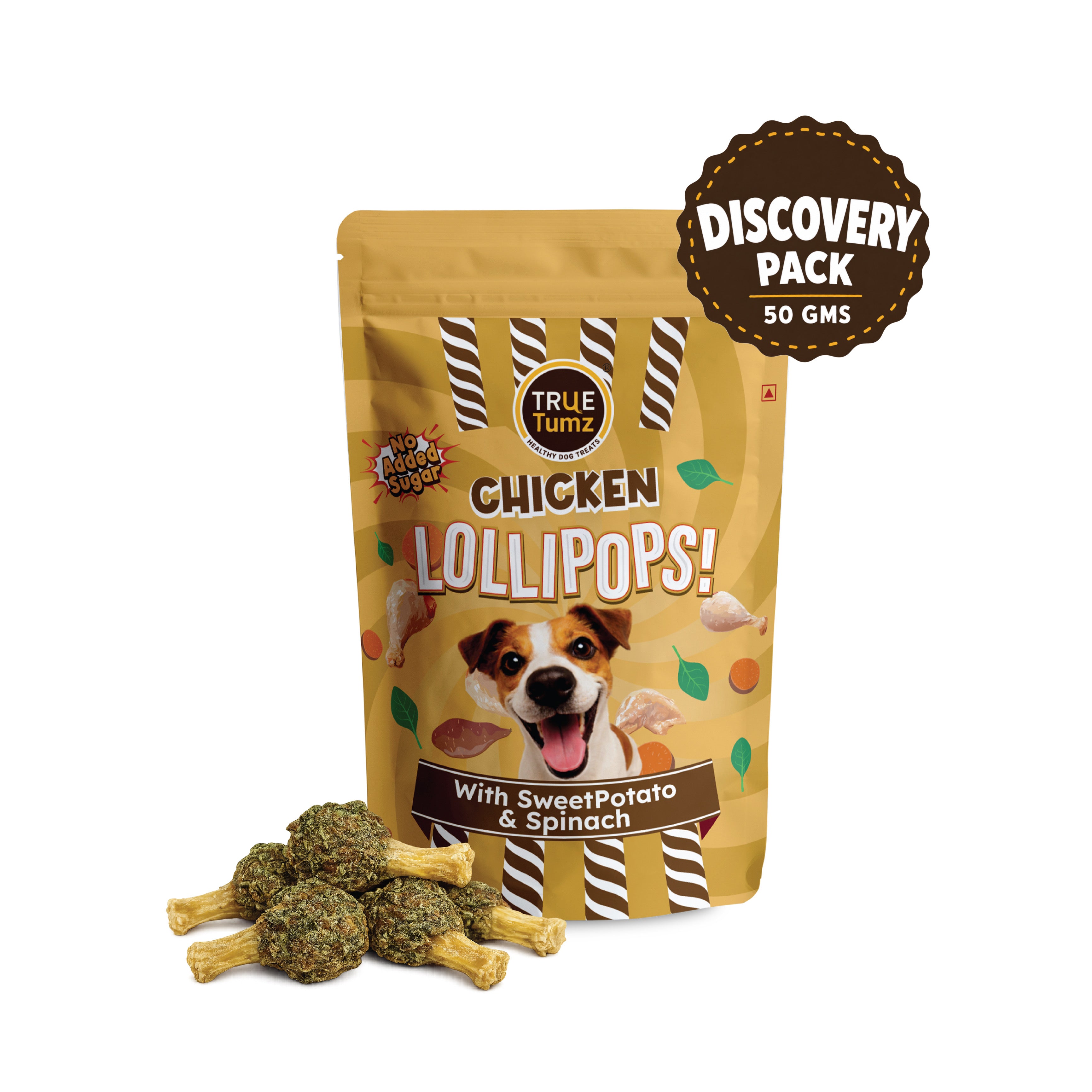 Chicken Lollipop with Spinach - DISCOVERY PACK (50 gms) - Dog Treat with Chicken and Spinach top with Chewy Sweet Potato base (50 gms)