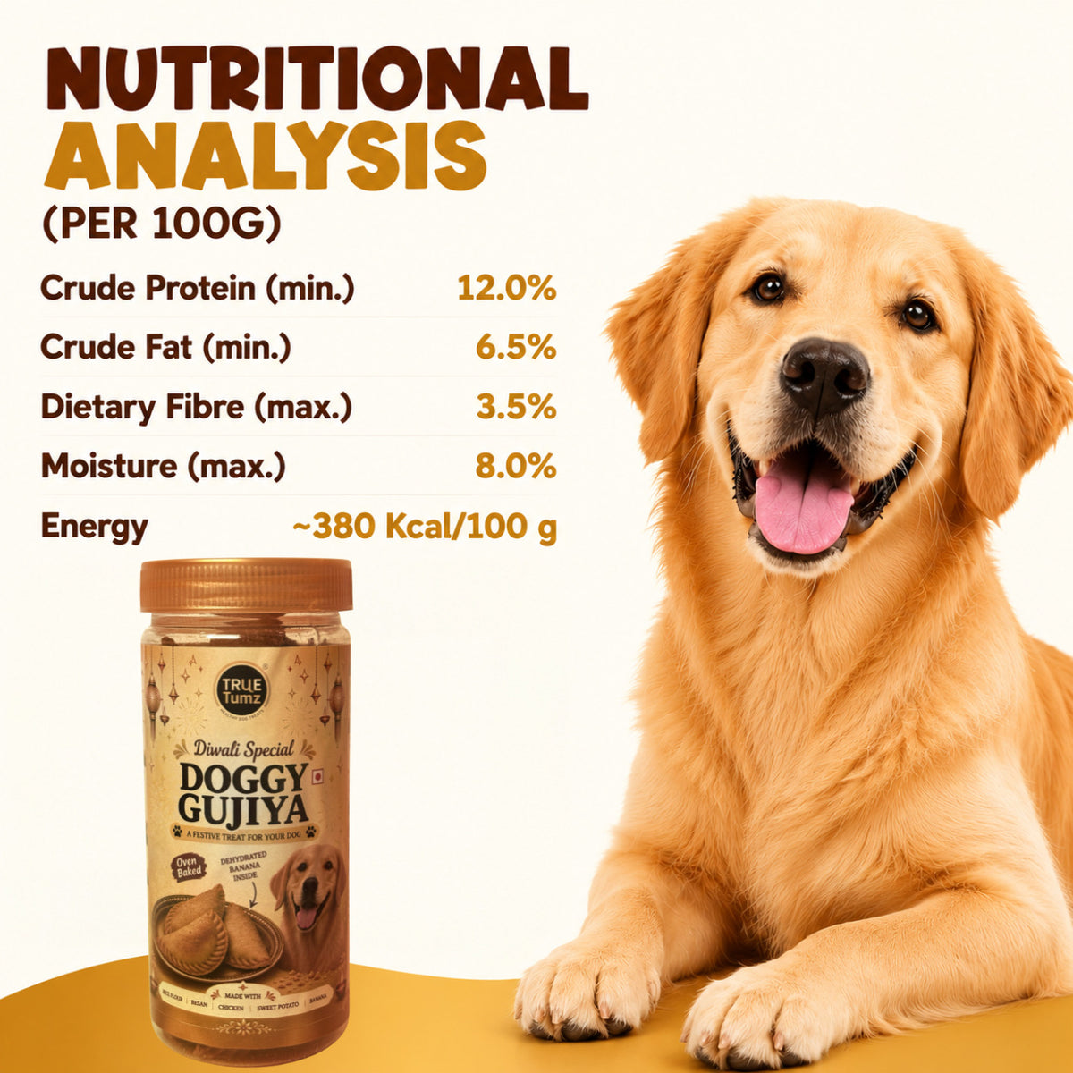 Nutritional analysis per 100g of TrueTumz Doggy Gujiya with jar and golden retriever