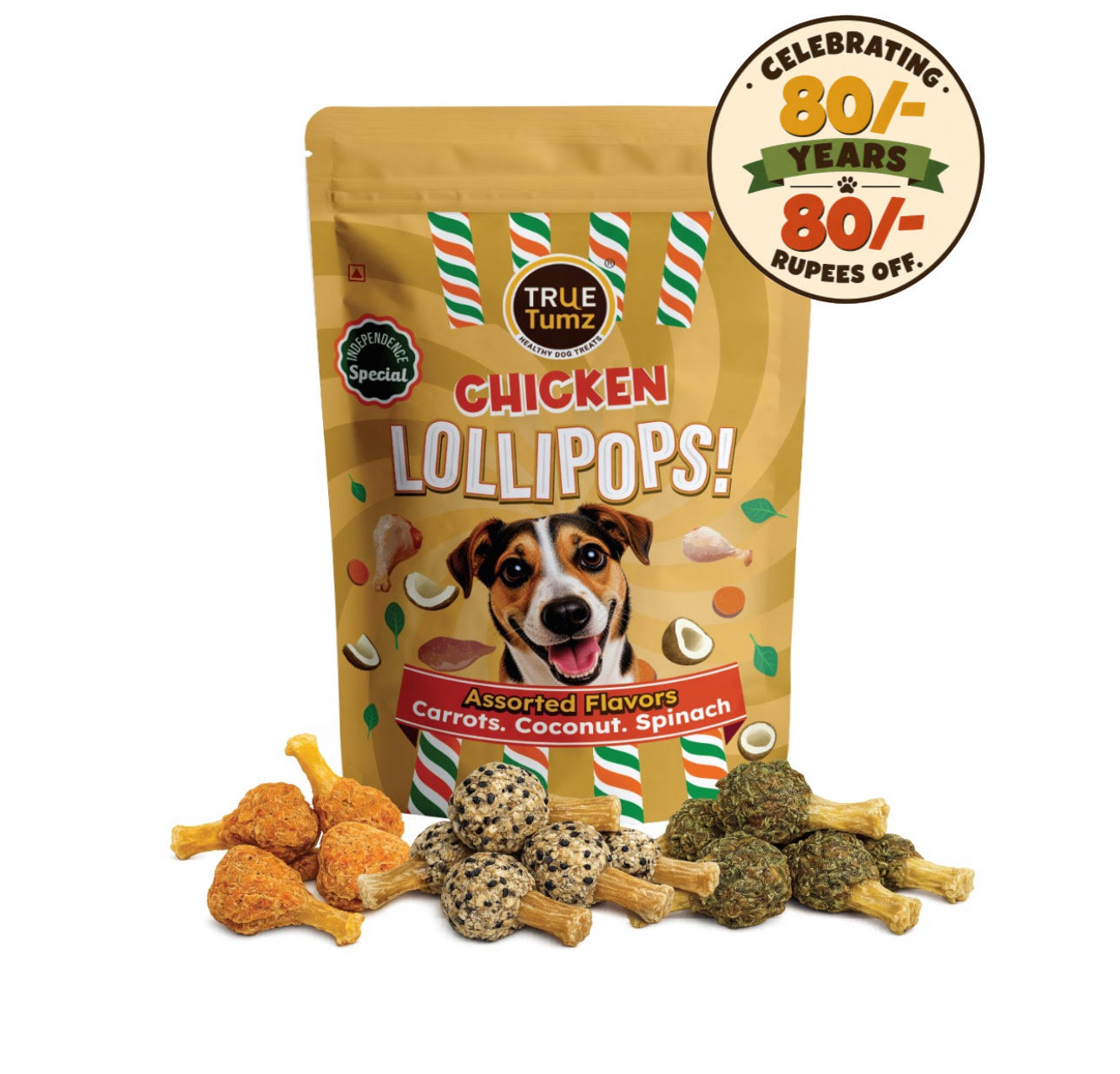 Chicken Lollipop -  Independence Day Pack - Carrots/Coconut/Spinach - Dog treat with Chicken and Veggie top with SweetPotato base ( 375 gms)
