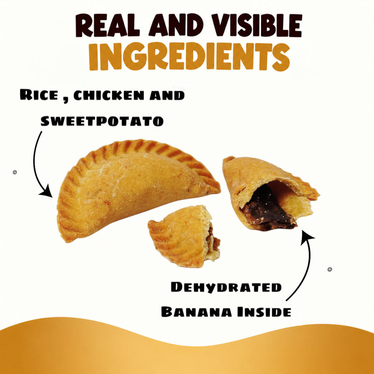 Doggy Gujiya dog treat with rice, chicken and sweet potato and dehydrated banana inside – real and visible ingredients