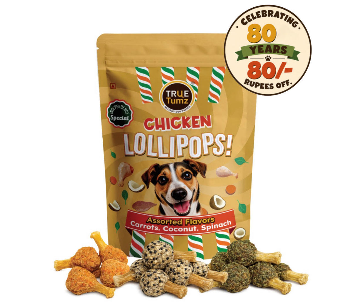 Chicken Lollipop -  Independence Day Pack - Carrots/Coconut/Spinach - Dog treat with Chicken and Veggie top with SweetPotato base ( 375 gms)