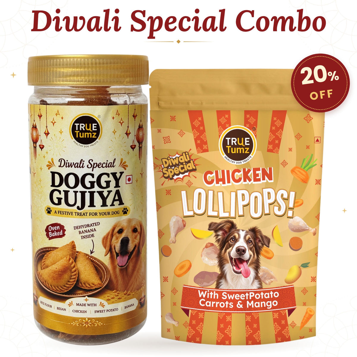 Diwali Combo – Doggy Gujiya (120 g) + Chicken Lollipop with Mango (115 g) Dog Treats